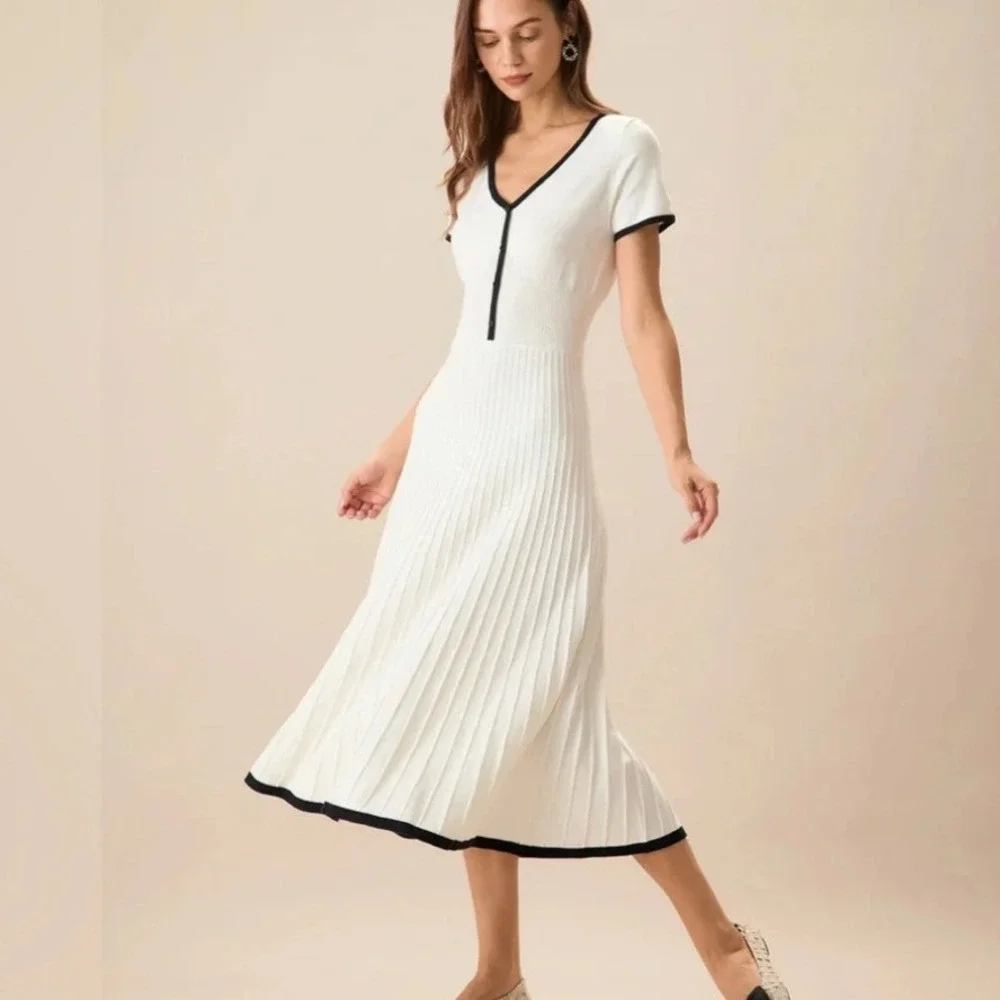 Rihoas White Black Contrasting Sweater Midi Dress Tennis Preppy Babydoll Size M - Picture 2 of 16